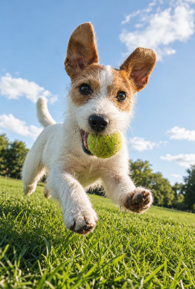 Perro corriendo con una pelota en la boca