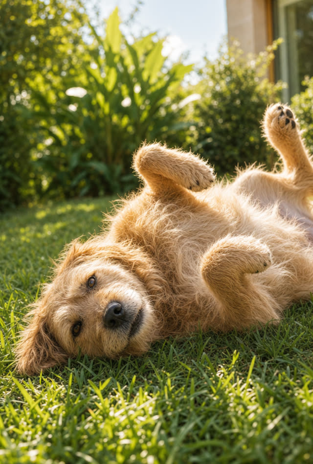 Perro relajado panza arriba en el jardín