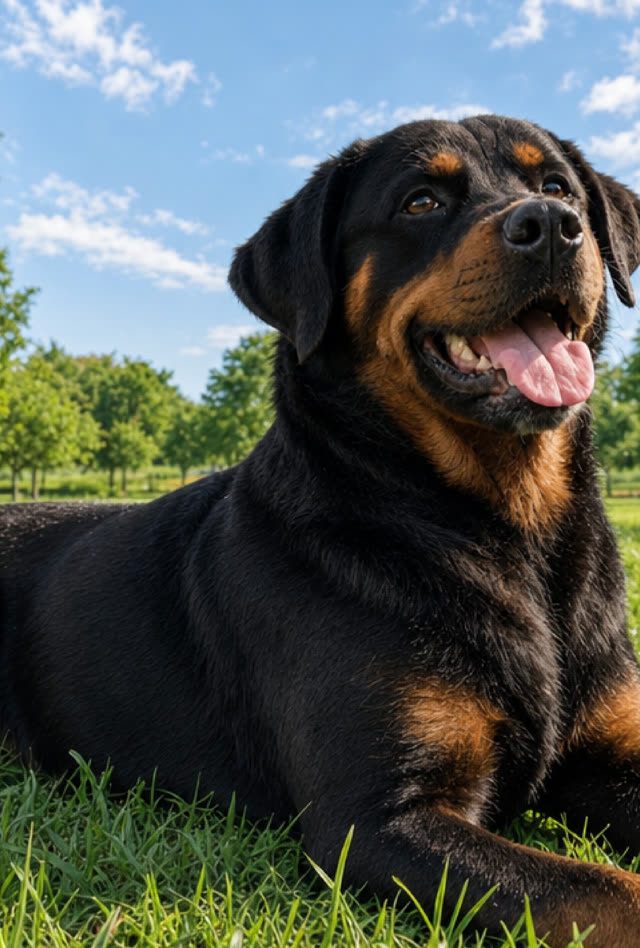 Rottweiler con pelaje brillante en el pasto