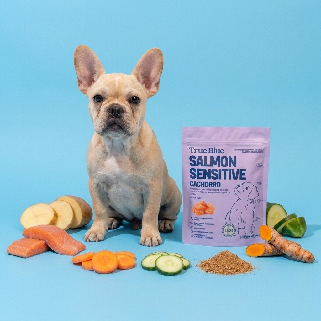 Bulldog francés cachorro junto a Salmon Sensitive Cachorro