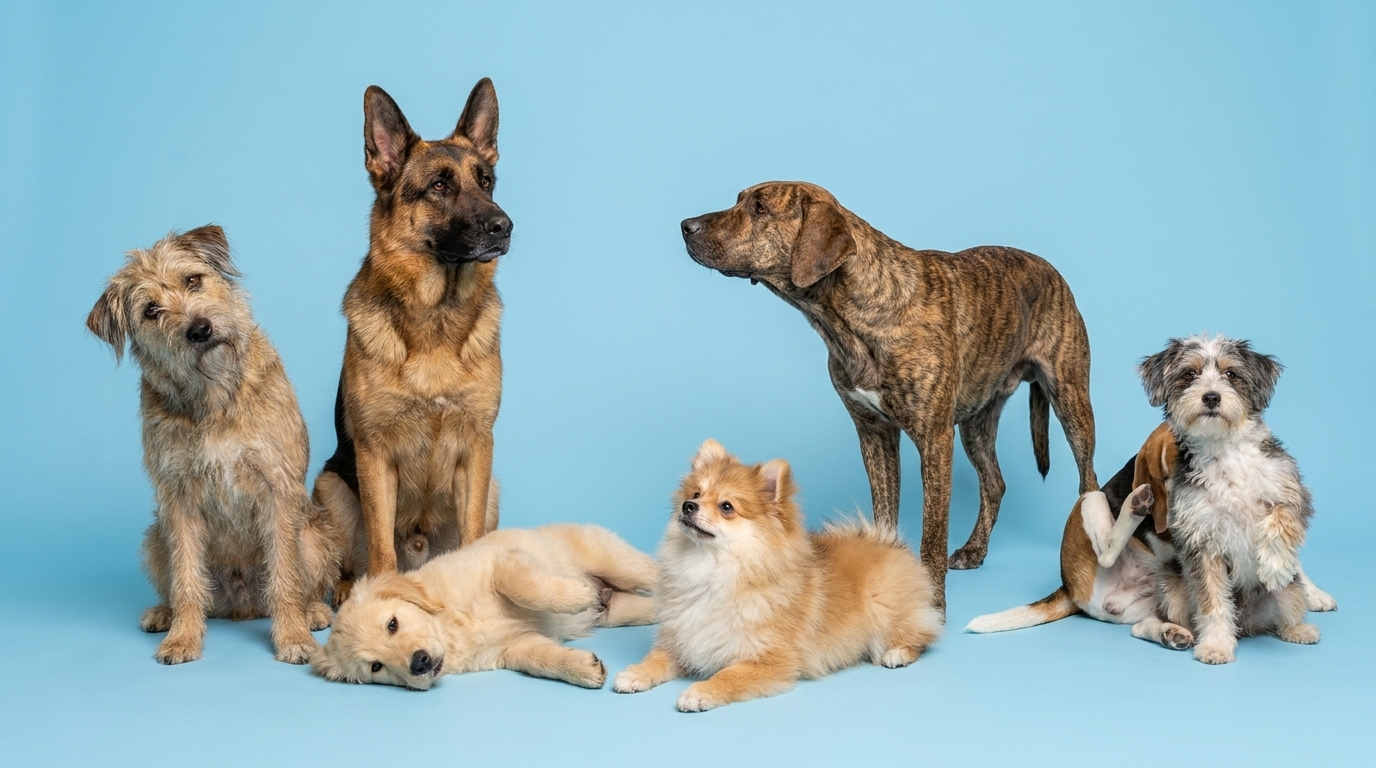 Perros de distintos tamaños y edades, desde cachorros hasta un pastor alemán