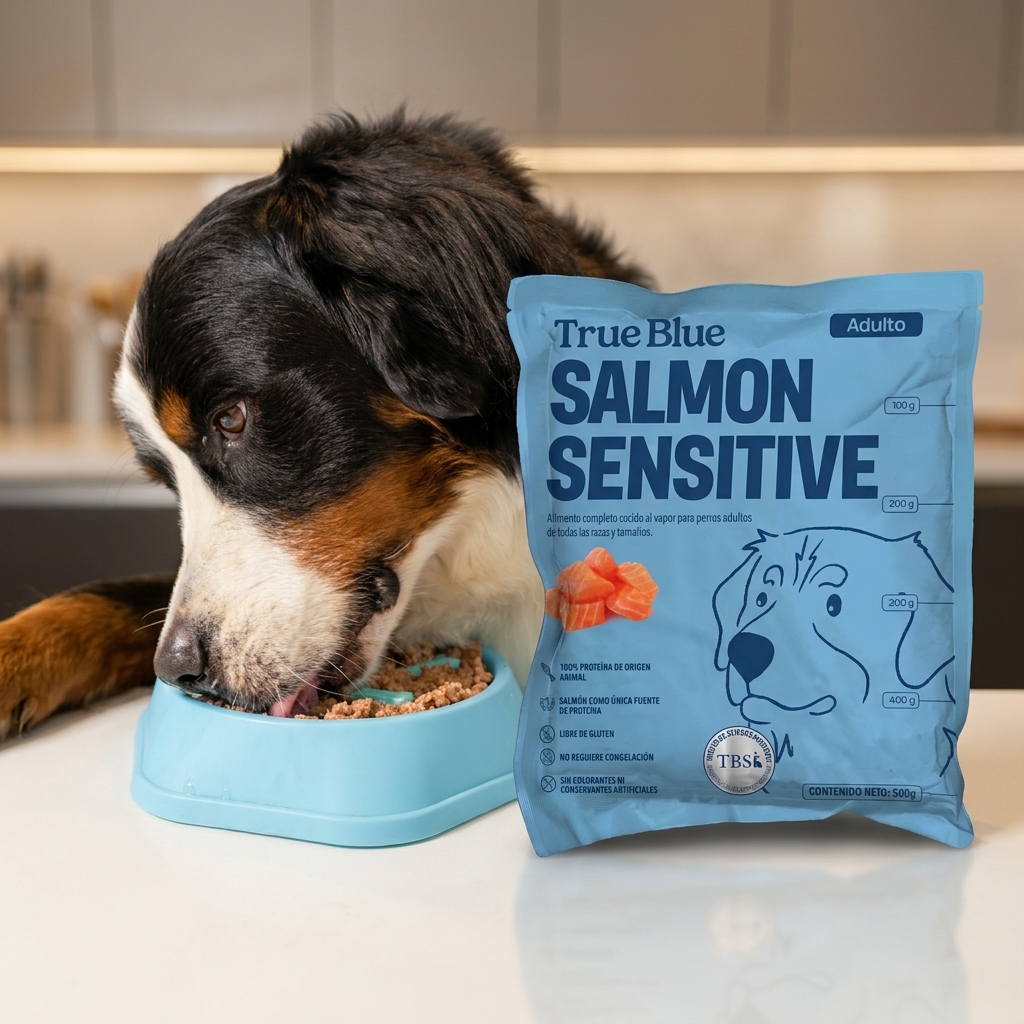 Perro comiendo True Blue Salmon Sensitive junto al empaque