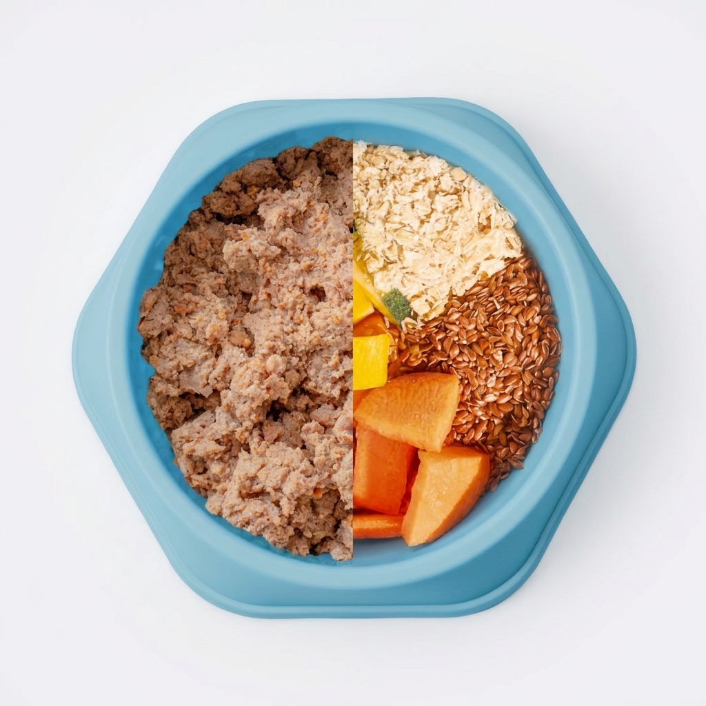 Plato True Blue: carne cocida al vapor junto a avena, linaza y vegetales